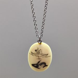 Vintage Scrimshaw Caribou Bone Alaskan Inuit Pendant